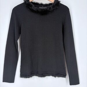 Radzoli Black Wool Blend Faux Fur Trim Sweater